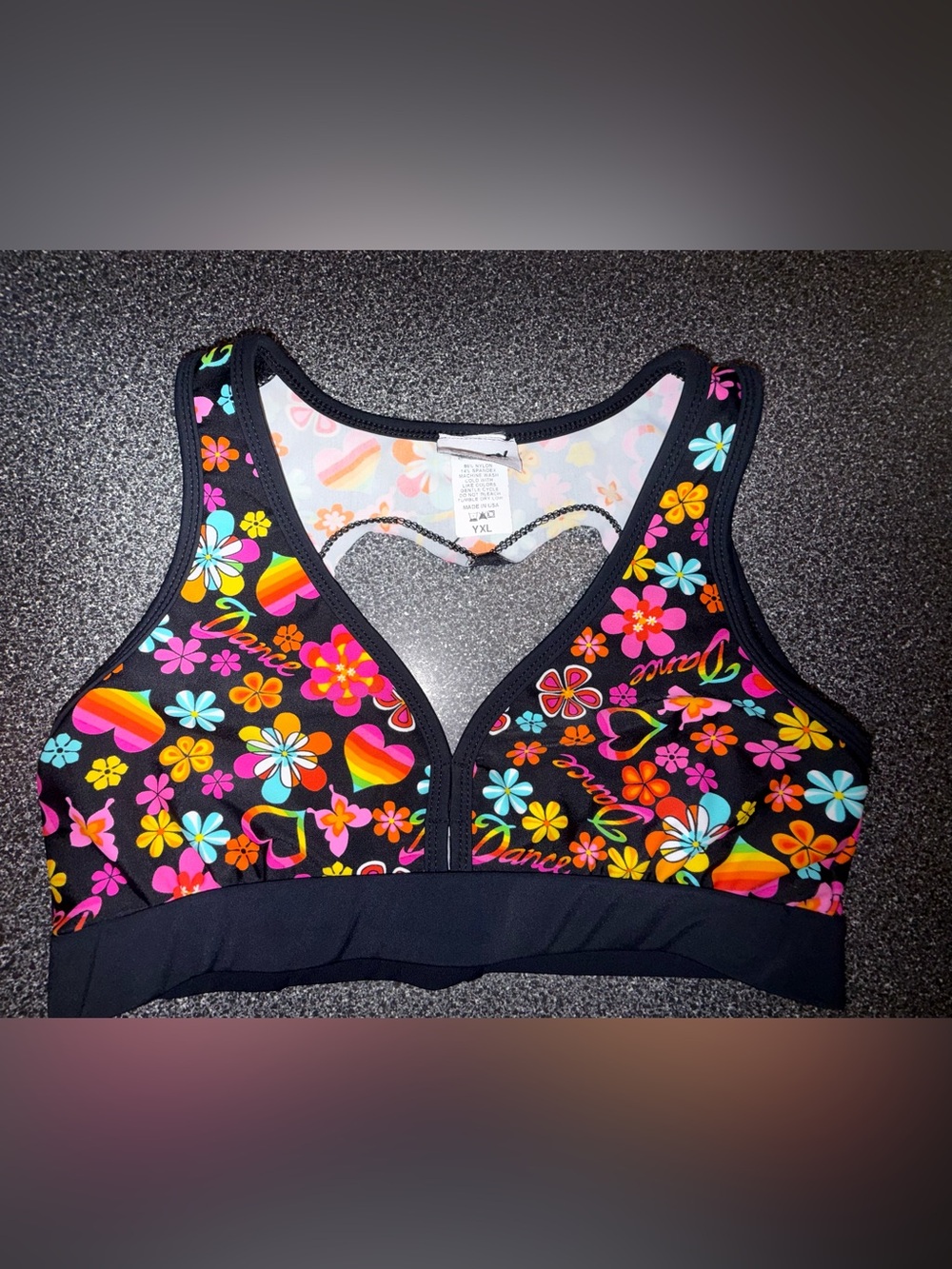 Trendy Threads Dance Bra Top Size Youth X-Large Black & Groovy Dance Theme